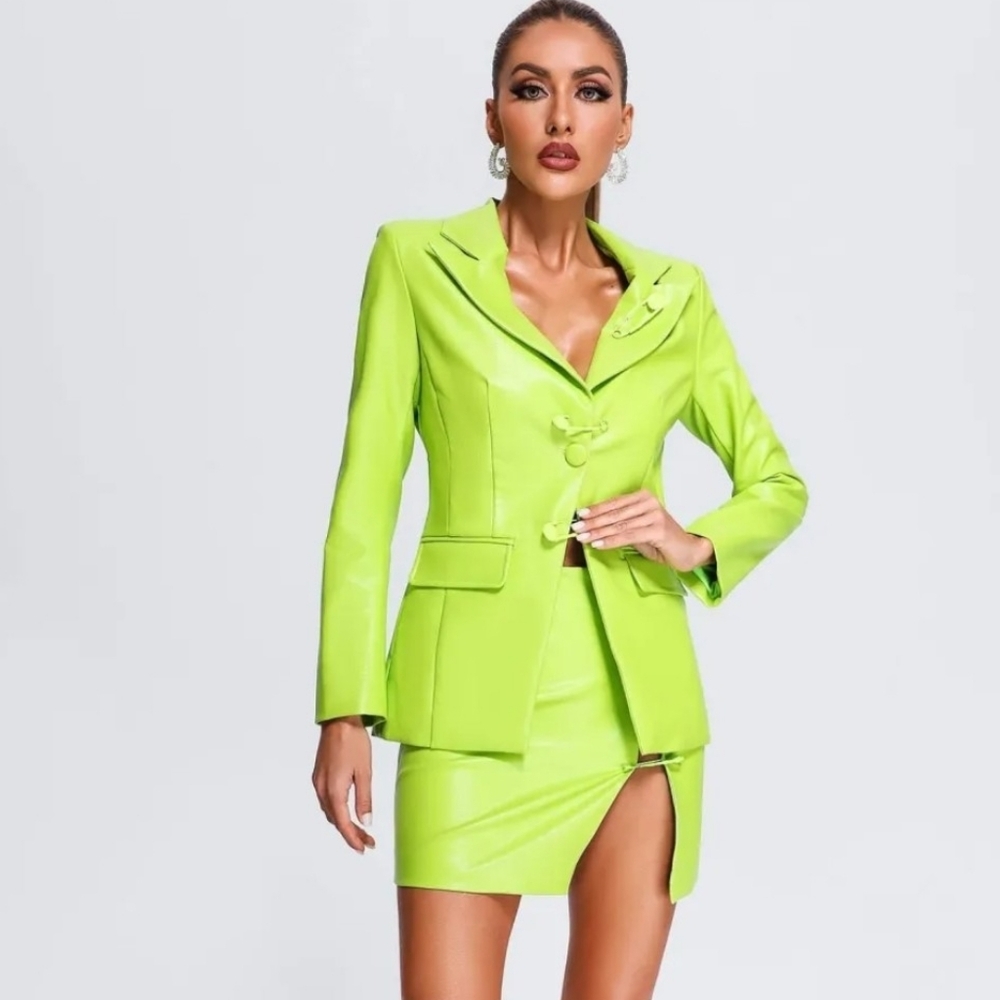 Lime Green Women's Blazer and Skirt Set